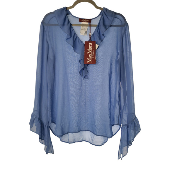 Max Mara Studio ALBARTO Ruffled Silk Blouse Size 8 NWT BLUE - Picture 1 of 6